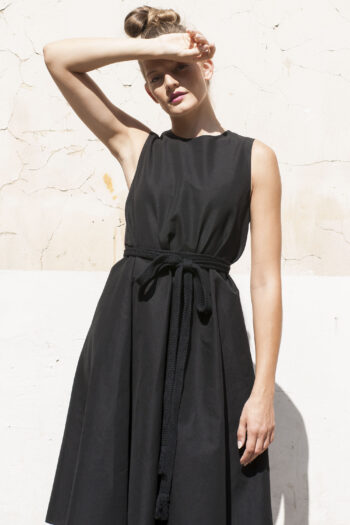 A shaped black linen dress with a belt front &bull; Sassa Björg