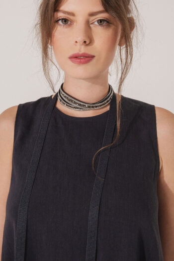 Navy blue dress with a belt A shaped close up • Sassa Björg