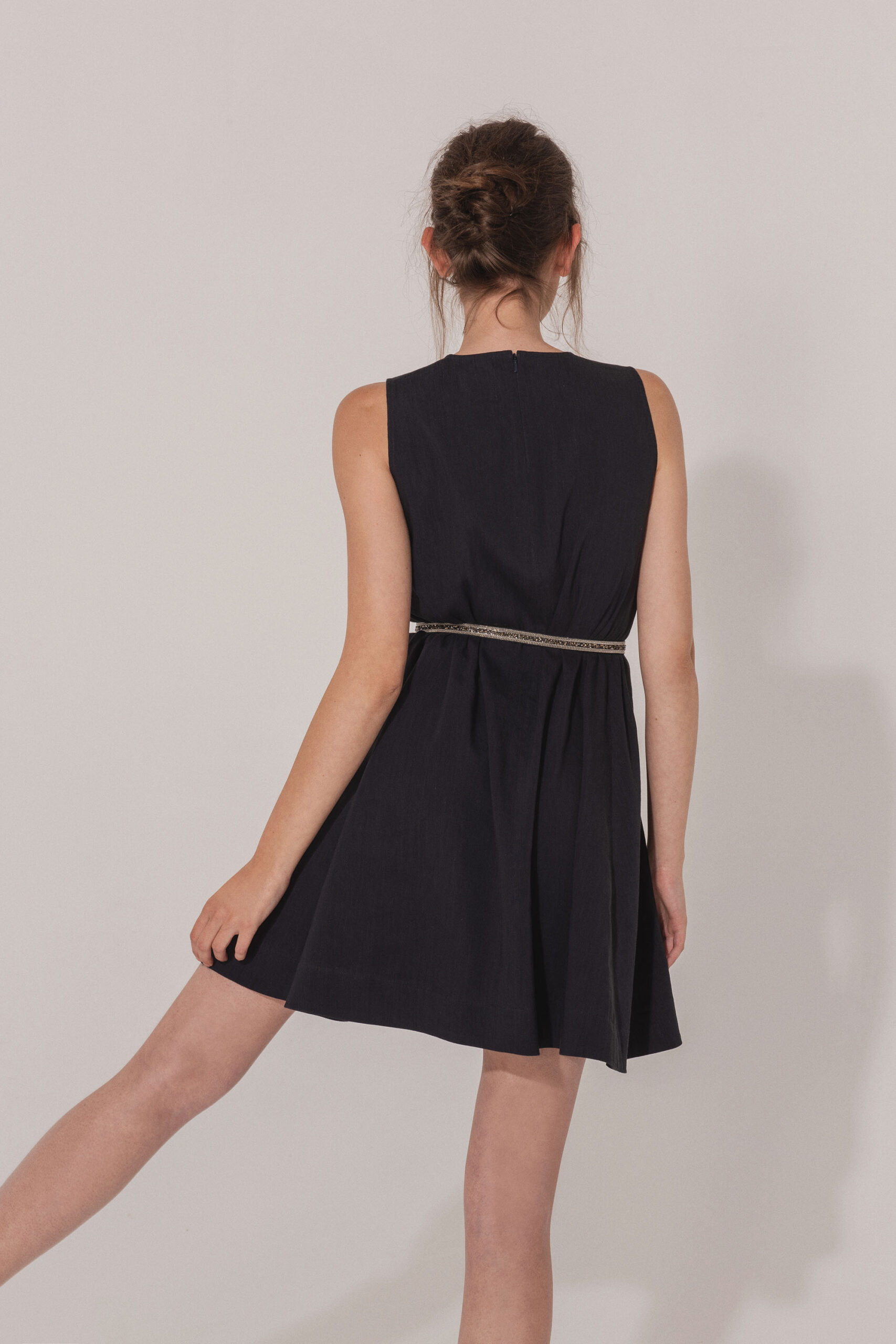 Navy blue dress with a belt A shaped crop back scaled • Sassa Björg