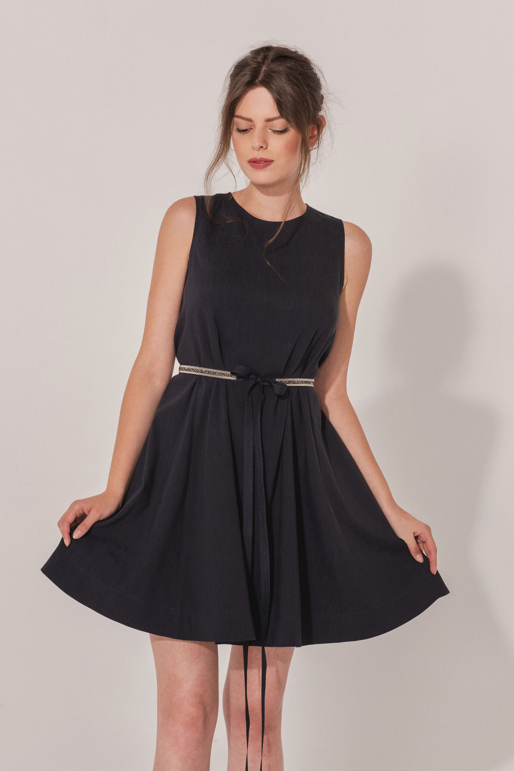 Navy blue dress with a belt A shaped crop front scaled • Sassa Björg