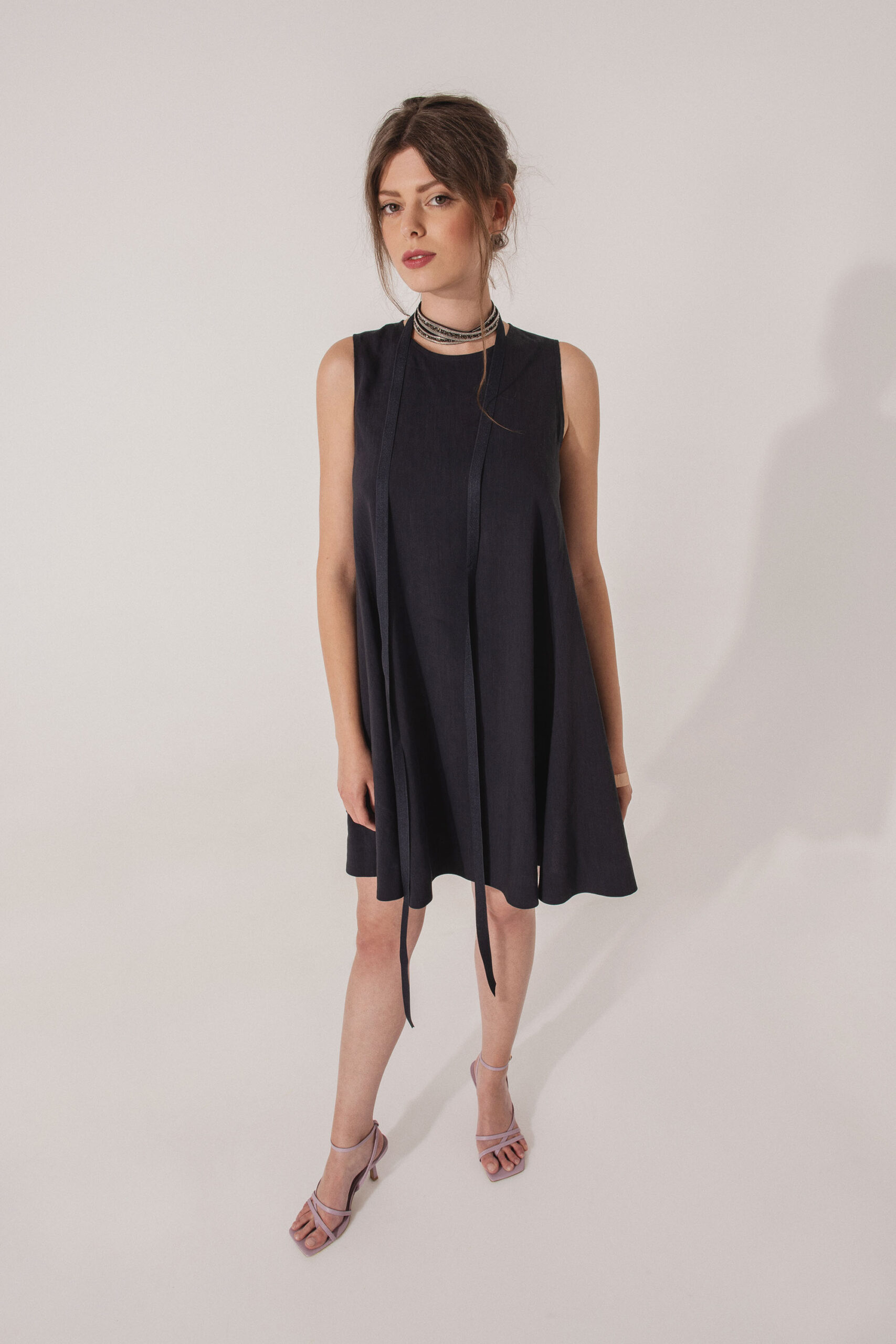 Navy blue dress with a belt A shaped from above scaled • Sassa Björg