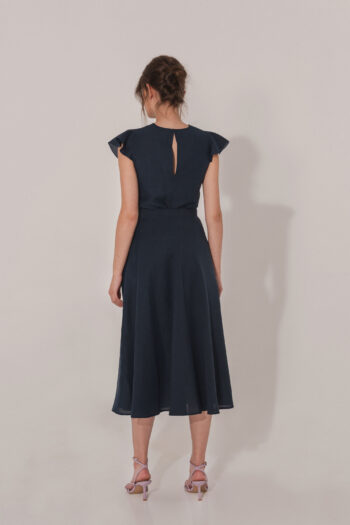 Navy blue linen blouse with a ruffle back • Sassa Björg