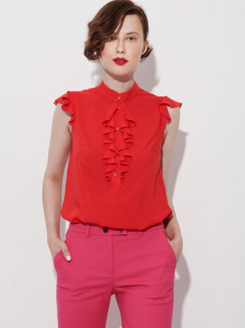 sleeveless crimson red jabot ruffle top main &bull; Sassa Björg