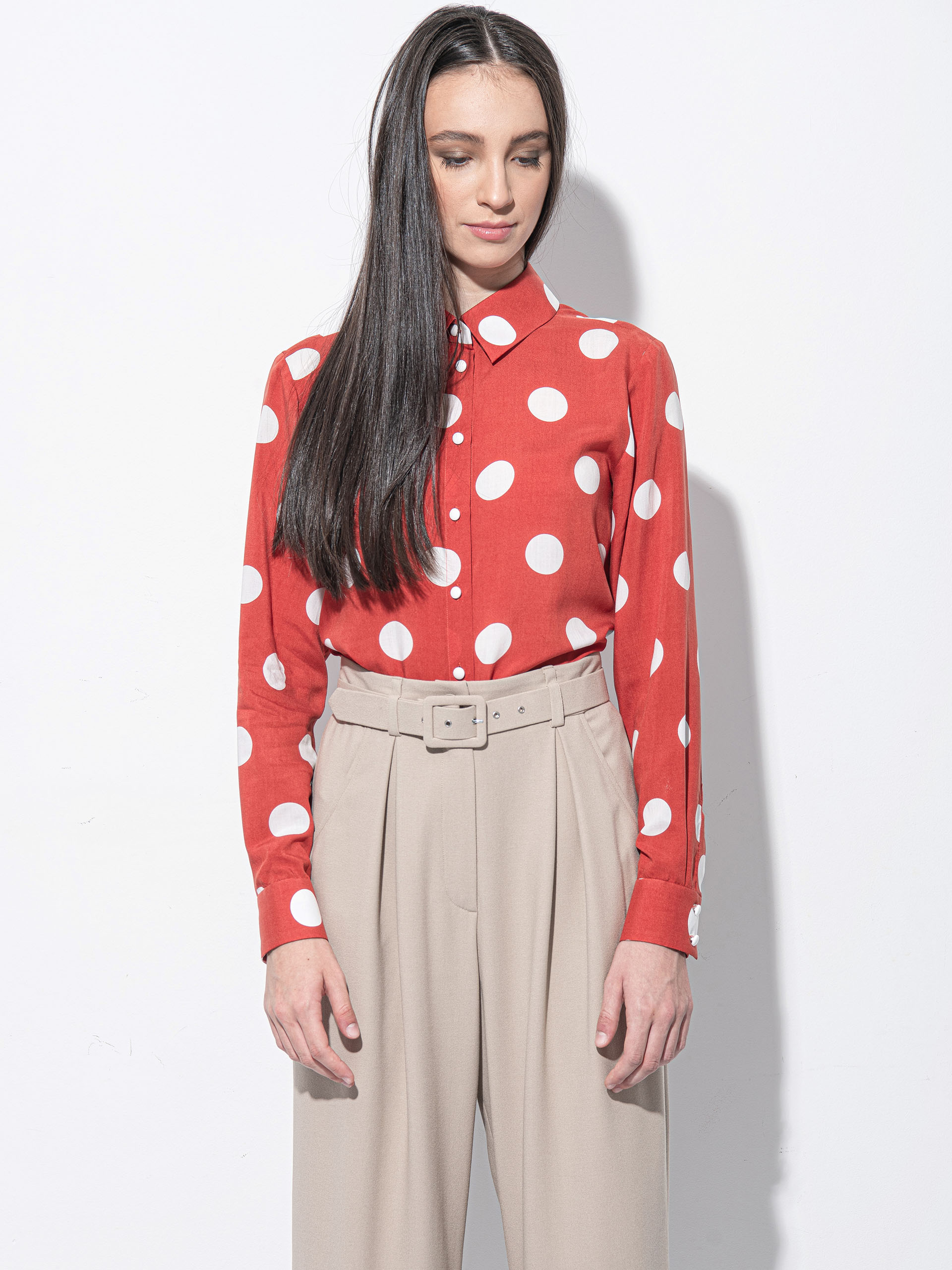 Red shirt with white spots tuck in • Sassa Björg