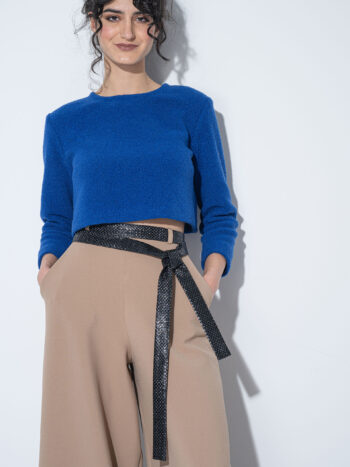 beige skirt pants glossy black sash &bull; Sassa Björg