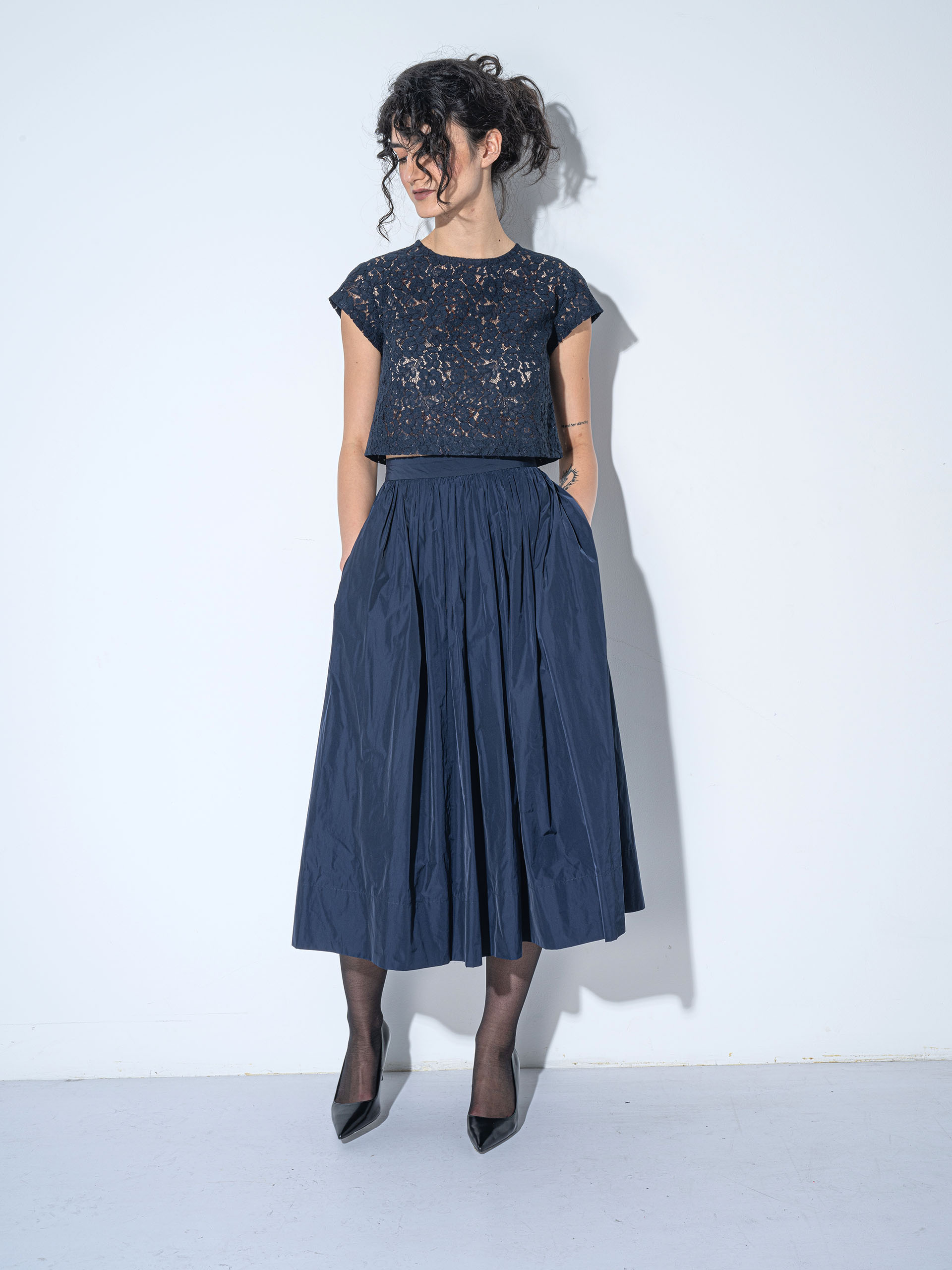 gathered taffeta skirt navy blue pockets • Sassa Björg