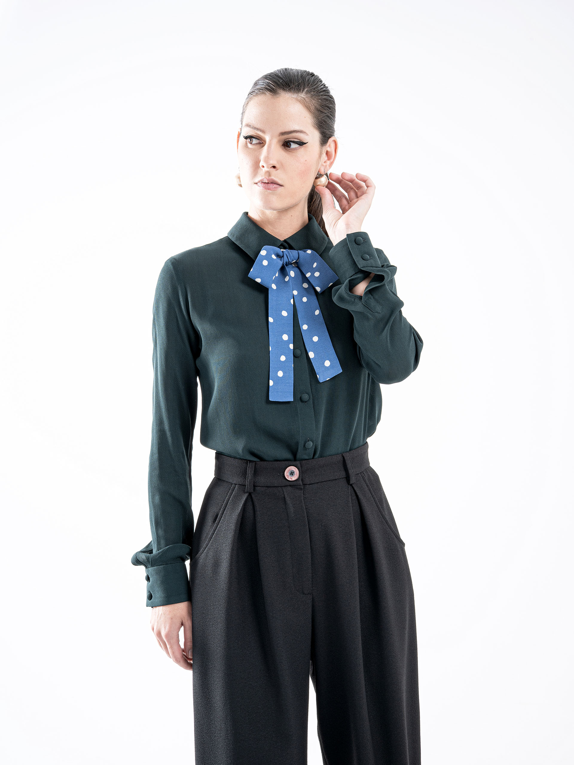 dark petrol green button up shirt w bow • Sassa Björg