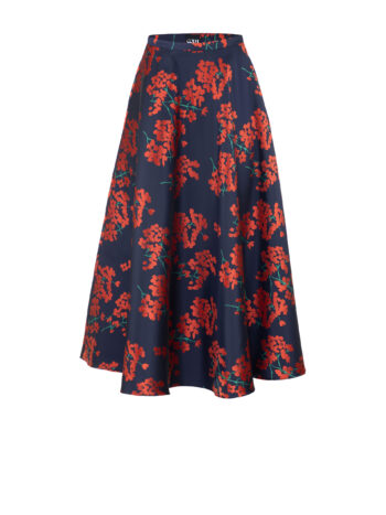 navy floral jacquard maxi skirt with structured silhouette