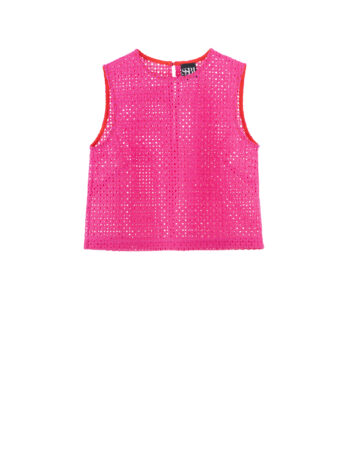 pink sleeveless openwork lace crop top