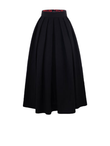 pleated linen midi skirt in black with structured silhouette