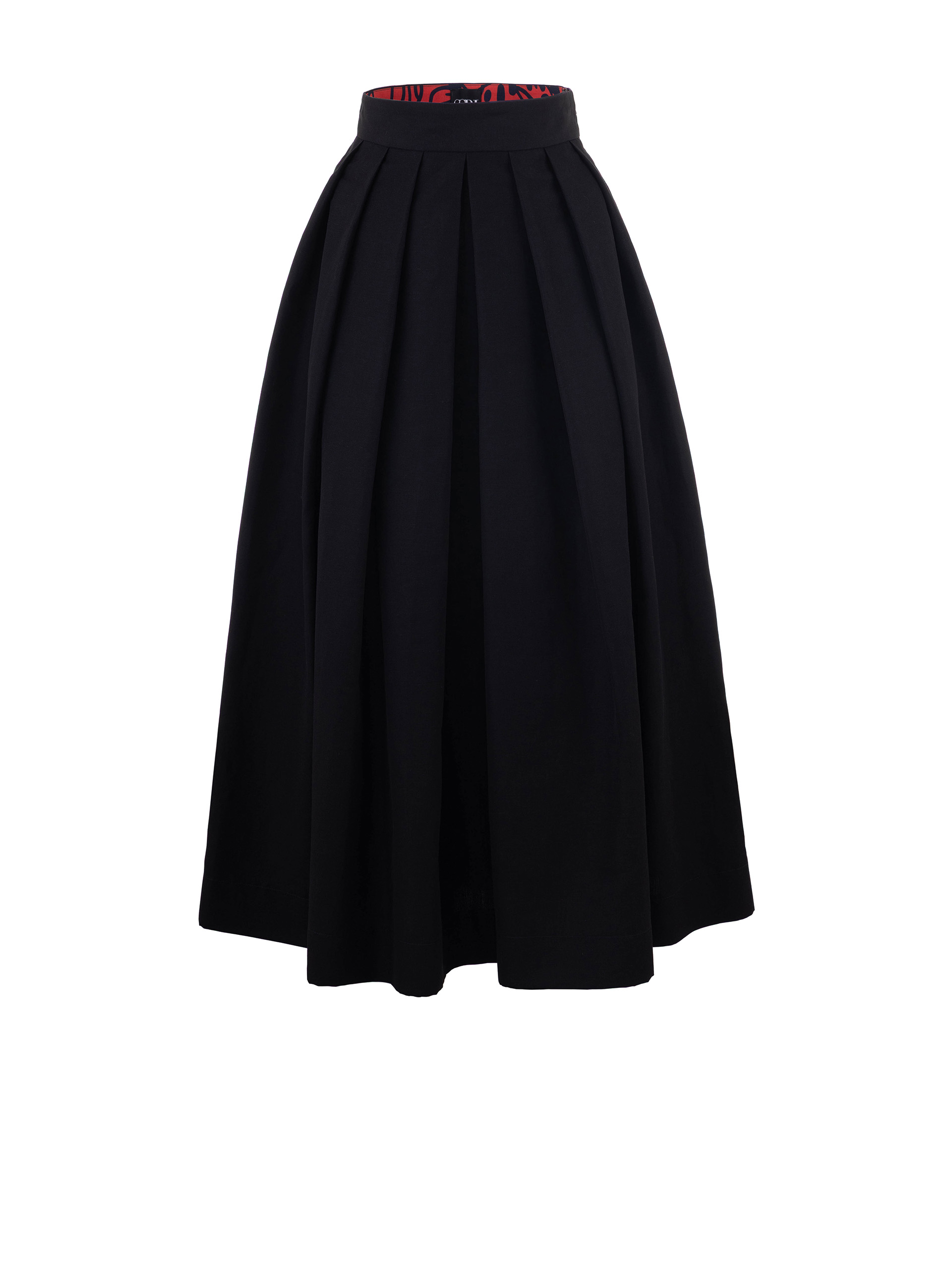 pleated linen midi skirt in black with structured silhouette