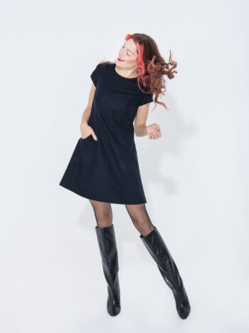 dotted navy blue wool dress front • Sassa Björg