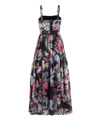 Floral tiered midi dress with adjustable straps and a waist-fitted silhouette
