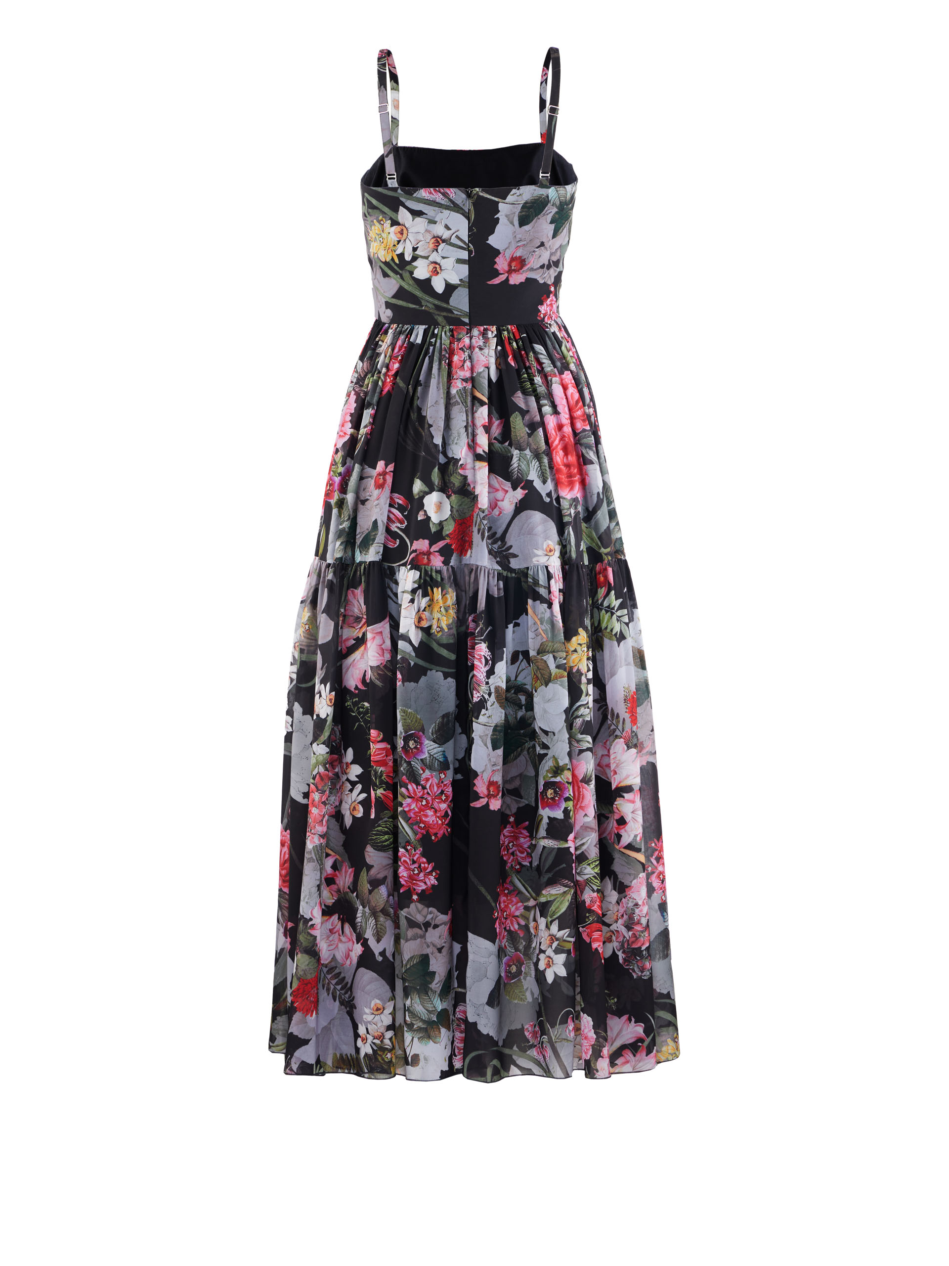 Floral tiered midi dress with adjustable straps and a waist-fitted silhouette