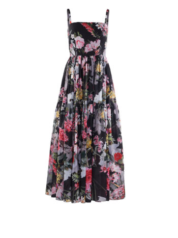 Floral tiered midi dress with adjustable straps and a waist-fitted silhouette