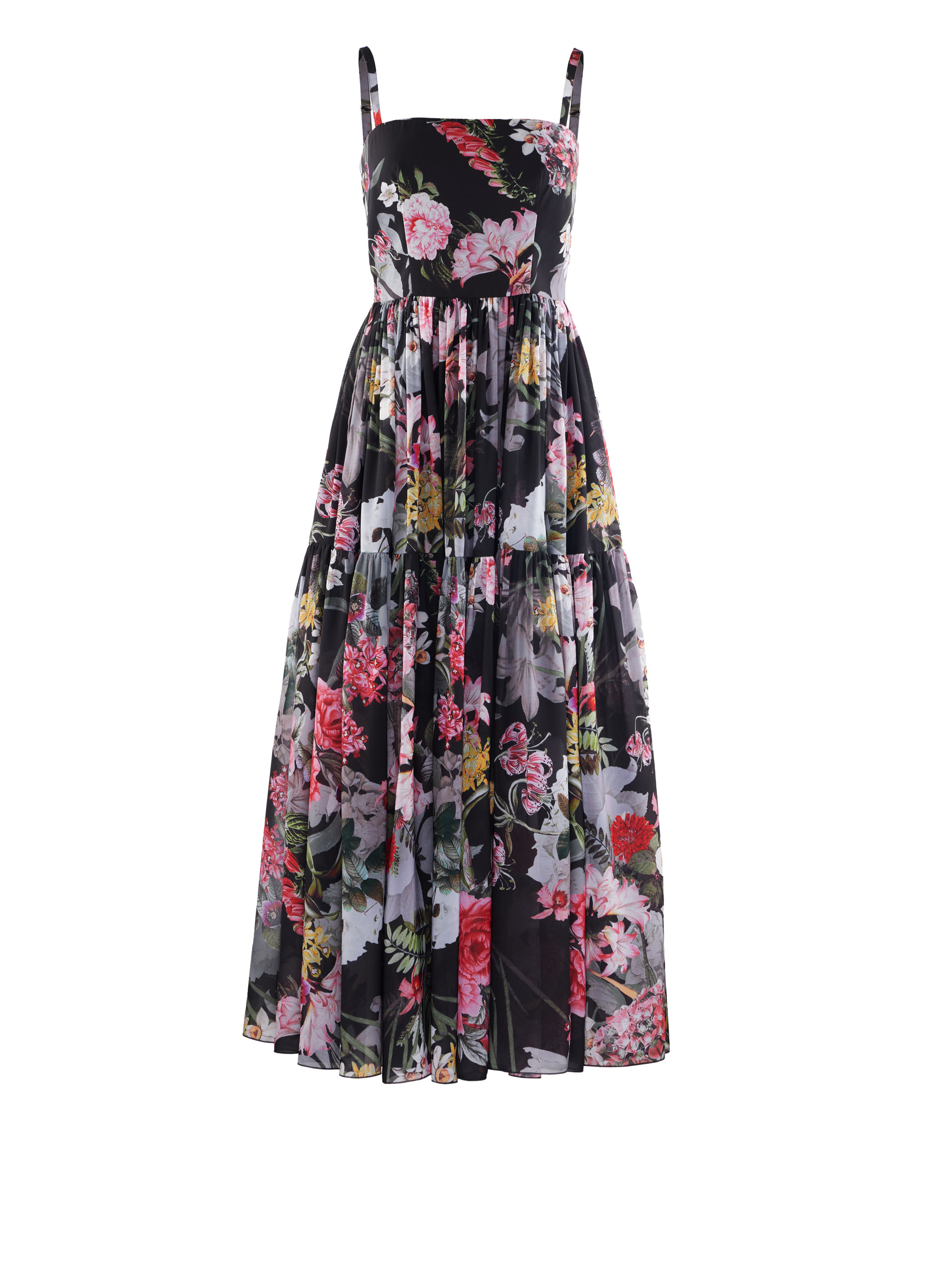 Floral tiered midi dress with adjustable straps and a waist-fitted silhouette